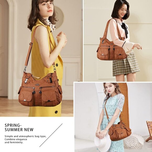 Purses and Women Tote Shoulder Top Handle Satchel Hobo Bags Fashion Washed Leath - Picture 4 of 7